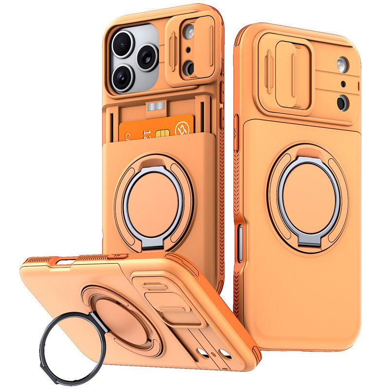 Lens Slider Card Holder Integrated Case Suitable for Apple 17 Pro Max Phone Case with Card Slot Stand iPhone 16E Coin Purse 15 Plus Card Holder 14 Pro Card Slot 13 Car Magnetic 12 Full Coverage