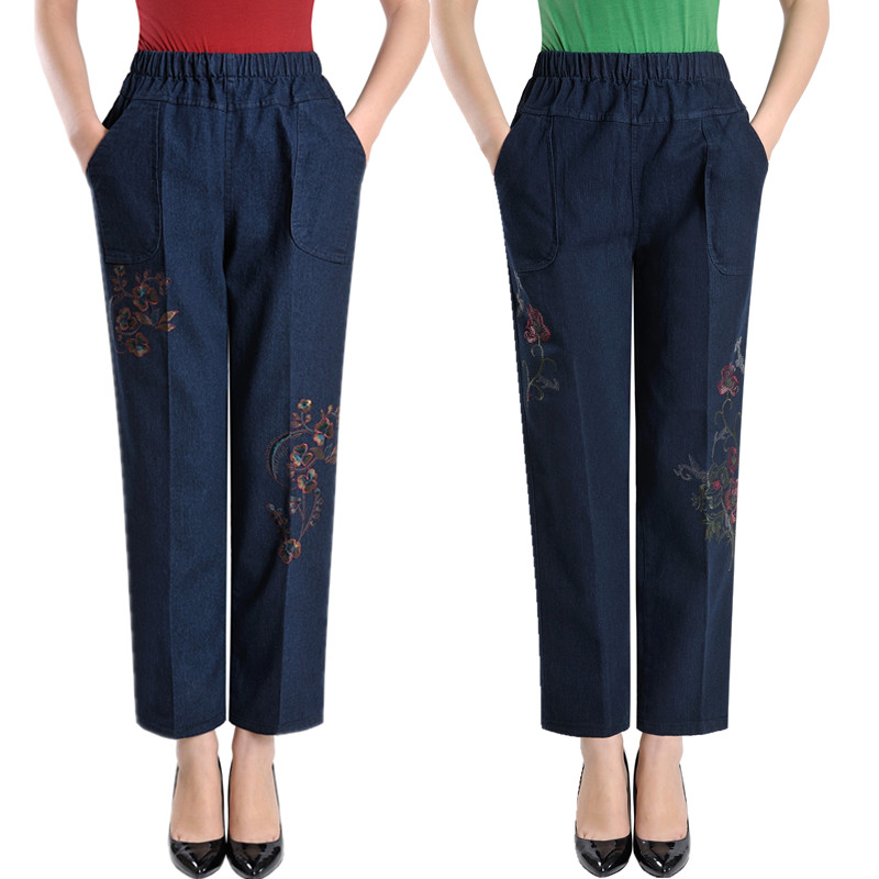 Spring and autumn new middle-aged jeans women's high-waisted elastic straight pants embroidered casual pants loose pants mom pants