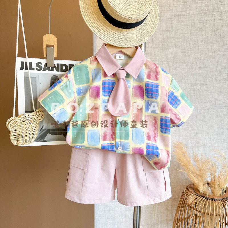 Bo Xiaodad【Rainbow Blak】2026 Summer New Boys' Korean Style Casual Colorful Block Shirt Set