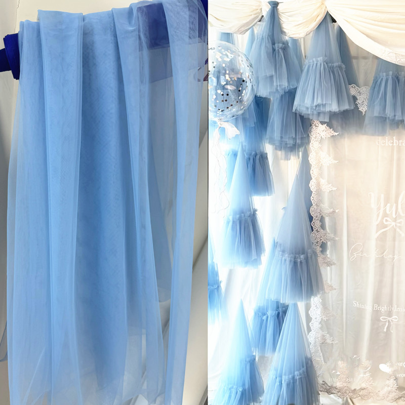Sky Blue, Gray-Blue, Peacock Blue, Haze Blue, Light Blue, Dark Blue, Mesh Wedding Dress Fabric, Designer Transparent Mesh Fabric