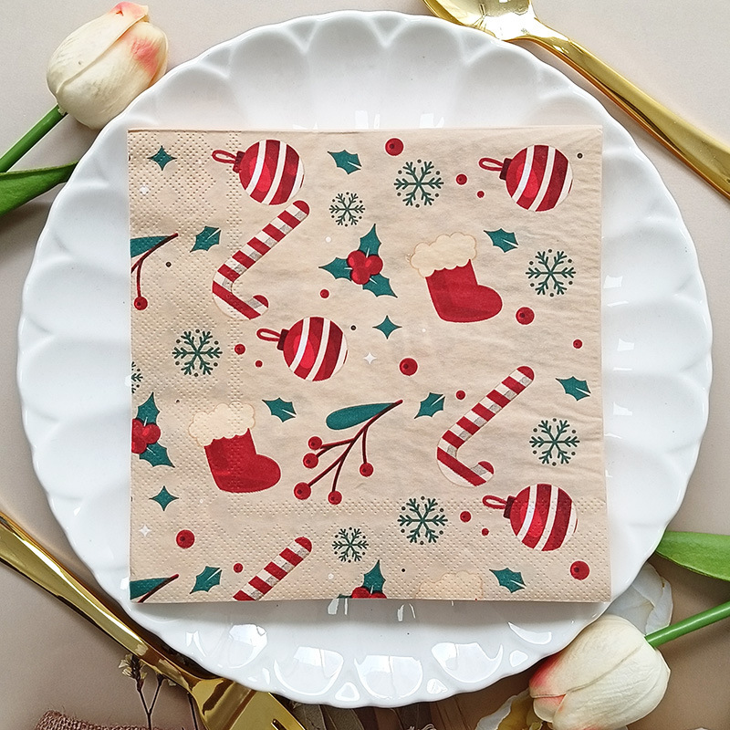 Pomparty Christmas Themed Napkins 20 Sheets with Cane and Christmas Stocking Patterns Decorative Square Napkins Party Cup Flower Paper