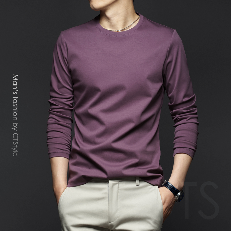 Silk light cotton round collar long sleeve T-shirt men's fall Korean version fashion trends pure cotton inner lap clothes casual pure blouses man