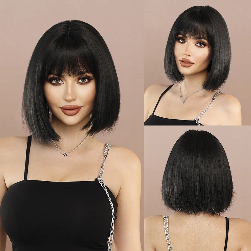European and American Yaki Black Short Bob Wig for Women, Black Straight Hair with Bangs, Synthetic Fiber Wigs