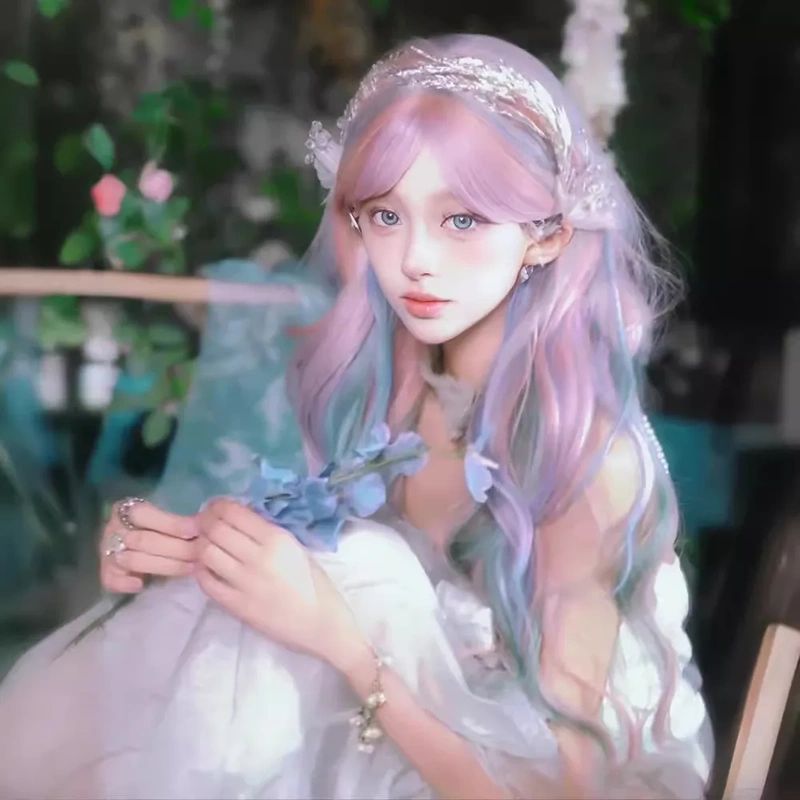 Colorful Wig Female Full Headgear Rainbow Gradient Pink Blue Lolita Paris Dyed Lolita Bangs Highlights Y2K