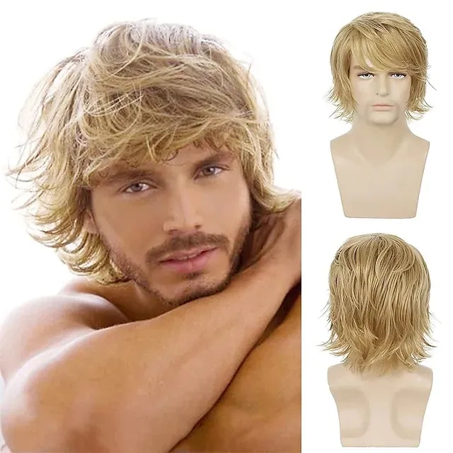 European and American Style Men's Wig, Golden Short Curly Hair with Side Bangs, Synthetic Fiber Wig from the Usa and Uk