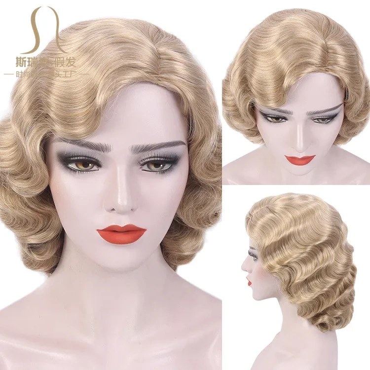 Vintage Wavy Wig, European and American Style, Light Blonde, Shenzhen Foreign Trade Cross-Border Hand-Woven Wave Wig, Full Head