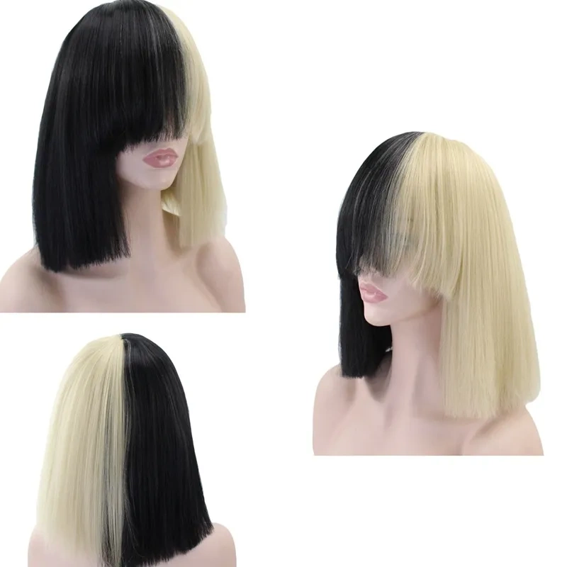 Sia Wig Black and Gold Two-Tone Bob Hairstyle, European and American Singer Sia Bobo Hairstyle, Best-Selling Foreign Trade Wig Sia Wig Black and Gold Two-Tone Bob Hairstyle, European and American Singer Sia Bobo Hairstyle, Best-Selling Foreign Trade Wig