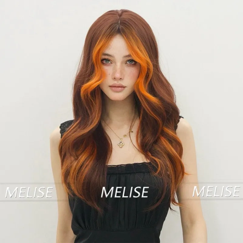 Cross-Border New Product: Long Curly Wig with Center Parting, Fashionable Flame Orange Highlights, Comfortable to Wear for Halloween Parties and Events Cross-Border New Product: Long Curly Wig with Center Parting, Fashionable Flame Orange Highlights, Comfortable to Wear for Halloween Parties and Events