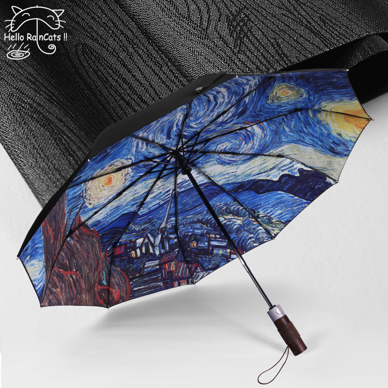 Raincats Art Cat Van Gogh Starry Night Fully Automatic Umbrella, Extra Large, Thickened, Reinforced, Double-Layer Folding, Strong Sun Protection for Men