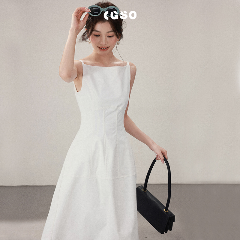 Cgso White Dress, Elegant White Dress with Square Neckline, Waist-Cinching, White Commuter Long Dress with Pockets, Suspender Dress for Women