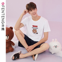 Fenten Pajamas Mens Summer Thin Short Sleeve Cotton Cartoon Brown Bear Summer Cotton Mens Home Clothes Set Summer