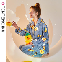 Fenten autumn and winter coral velvet pajamas women long sleeve plus velvet padded flannel cartoon brown bear home suit women