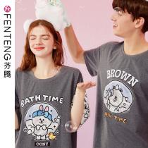 Fenten couple summer pajamas womens summer thin cotton mens short sleeves Korean version of brown bear can wear home suit