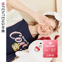 Fenten Brown Bear Nightdress Women Summer Thin Short Sleeve Cotton Size Loose Wear Medium-length dress Pajamas Women Summer