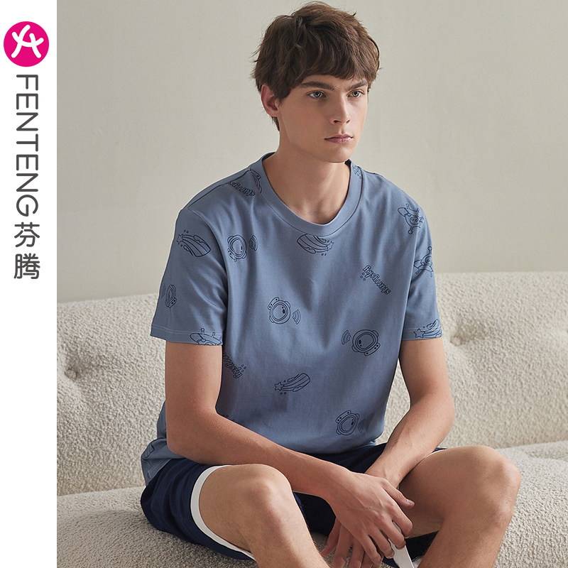 Fenteng cotton men's pajamas men's summer thin short sleeves plus size men's can be worn outside cotton loungewear set summer