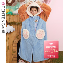 Fenten flannel robe women autumn and winter long thick coral velvet pajamas women morning bathrobe cute nightgown home clothes