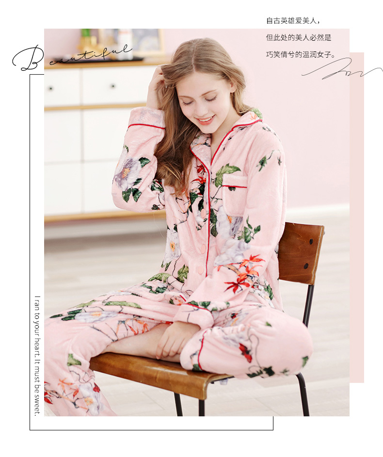 Fenton mùa thu và mùa đông mới san hô lông cừu in áo len cô gái có thể được mặc bên ngoài flannel bộ đồ ngủ dịch vụ nhà áo thể thao nữ