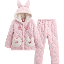 Fenton childrens pajamas girls winter three-layer thickened coral velvet quilted hooded suit girls plus velvet home clothes