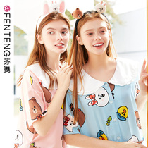 Fenteng brown bear nightdress womens simulation silk pajamas summer thin short-sleeved high-end ice silk large size home clothes