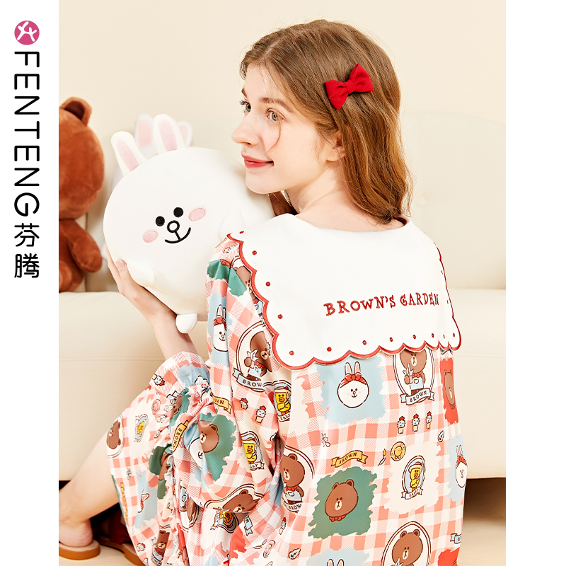Fenten (Ice Silk Pyjamas) Woman Long Sleeve Sweet Princess Wind Sleeping Dress Spring Autumn Style Cartoon Home Clothing Suit Autumn