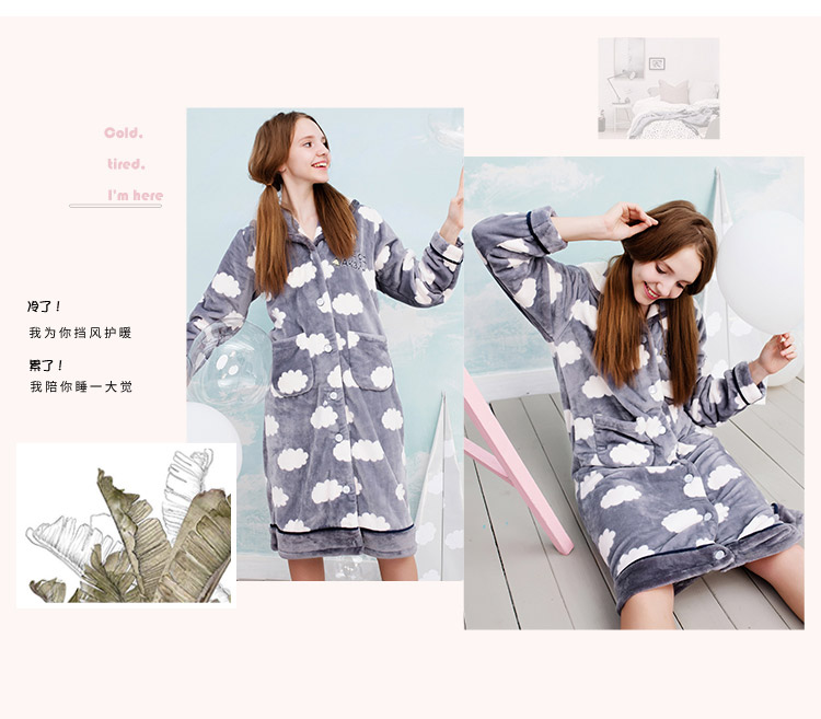 Fenton mùa thu và mùa đông mới đồ ngủ phụ nữ san hô lông cừu cardigan áo choàng tắm dịch vụ nhà phụ nữ flannel áo dài nhà đồ ngủ nam