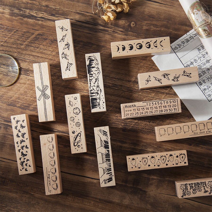 ten Light Vagrant Planet Series Wooden Seal Flying Bird Strawberry Moon Phase Butterfly Knot Handbill Decoration Tool Seal