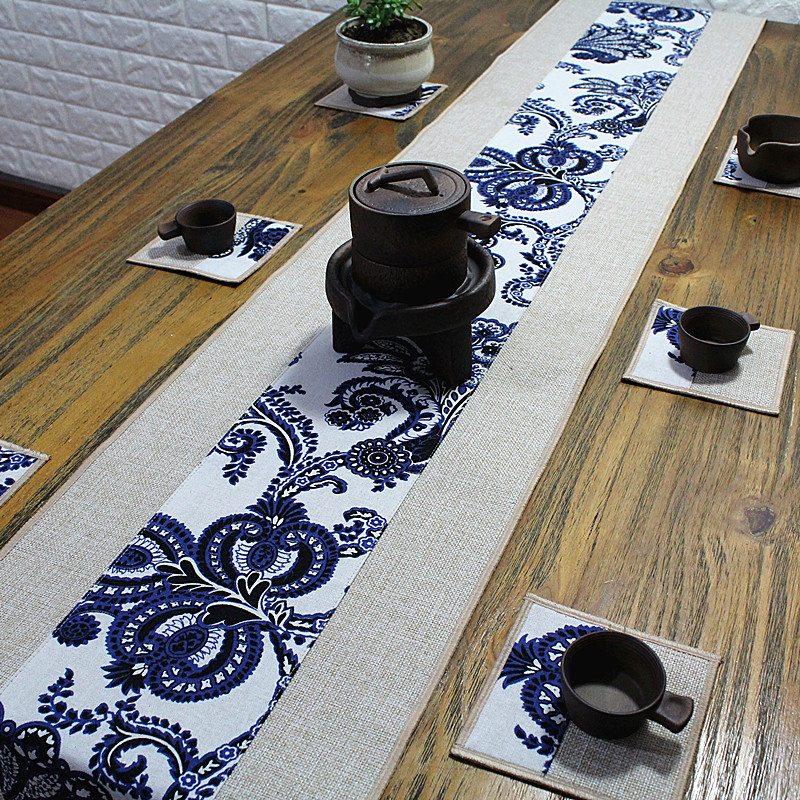 Home fabric table flag table cloth Tea table Middle long tea mat Cotton linen blue and white porcelain tea mat Zen tablecloth Tea towel