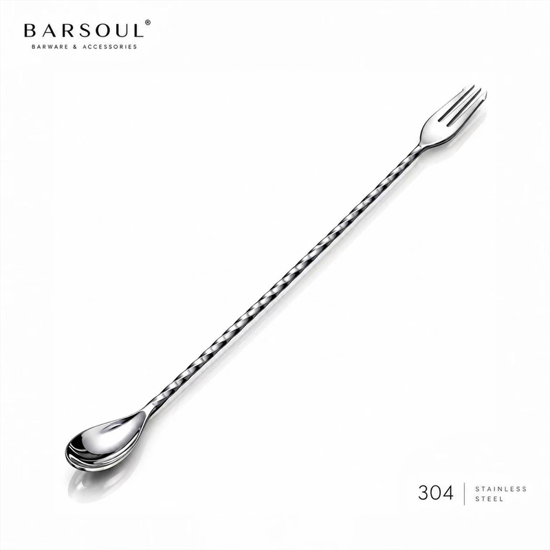 Barsoul International Japanese-Style Fine-Threaded Bar Spoon with Fork, Stirring Stick, Cocktail Stick, Bar Spoon, Barware