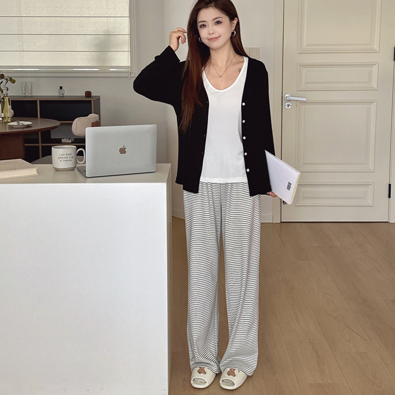 Home Wear Set for Women: 2026 Spring New Striped Pants Three-Piece Set, Lyocell Tank Top, Cardigan, and Long Pants Set