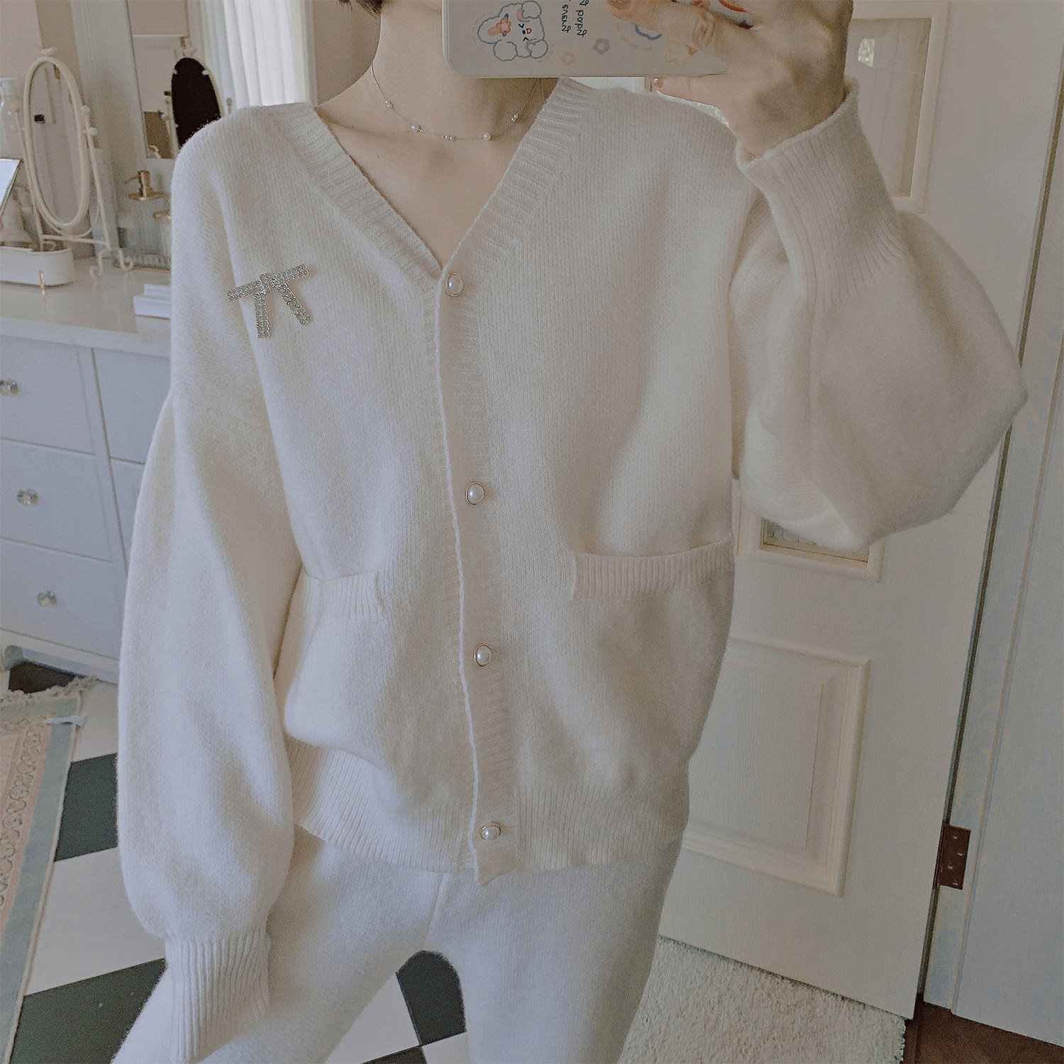 Peach honey can be outworn with small balsamic wind princess sleeves elegant pure color knit pyjamas woman autumn and winter style cardiovert clothes