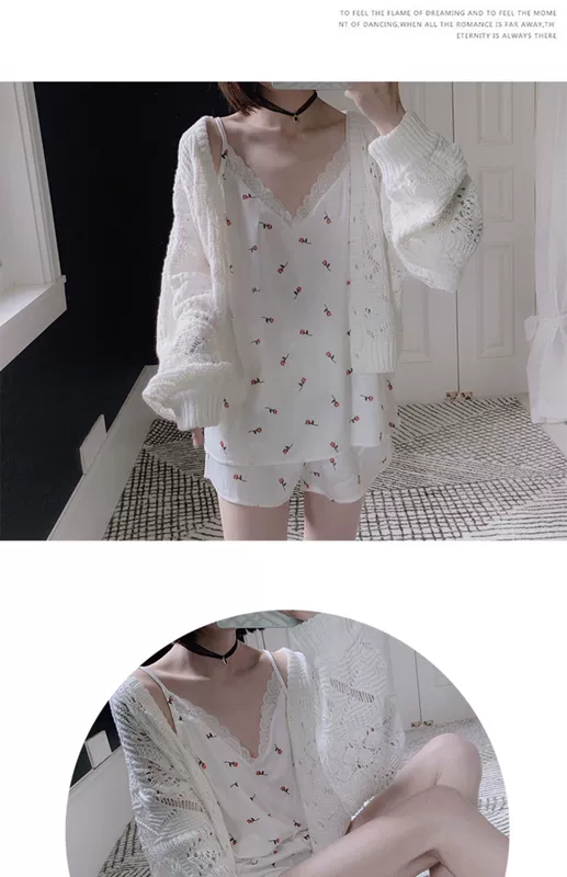 Mới Ngọt ngào và đáng yêu trang trí ren hoa màu trắng sữa trơn Bộ đồ ngủ mặc nhà B16 - Bộ Pajama