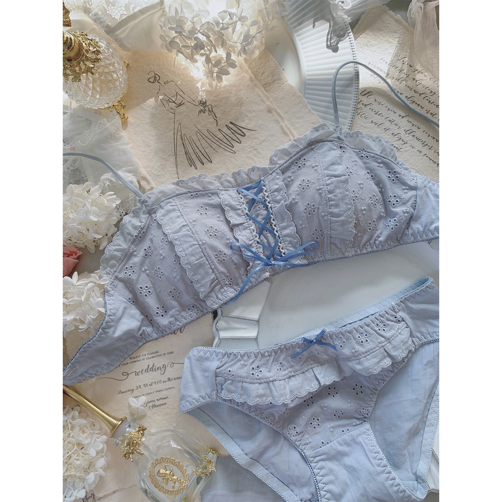 Peach honey embroidery cotton cloth lingerie suit Japanese sweet and fresh teenage girl students no steel ring thin breast slim underwear