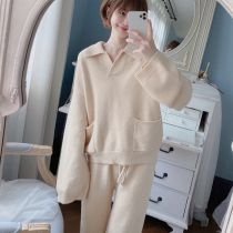 Small Turnover OL Wind Broadlegged Pants Loose Pure Color Knit Pyjamas Woman Soft stretches of slim Home Clothing Suit External Wear