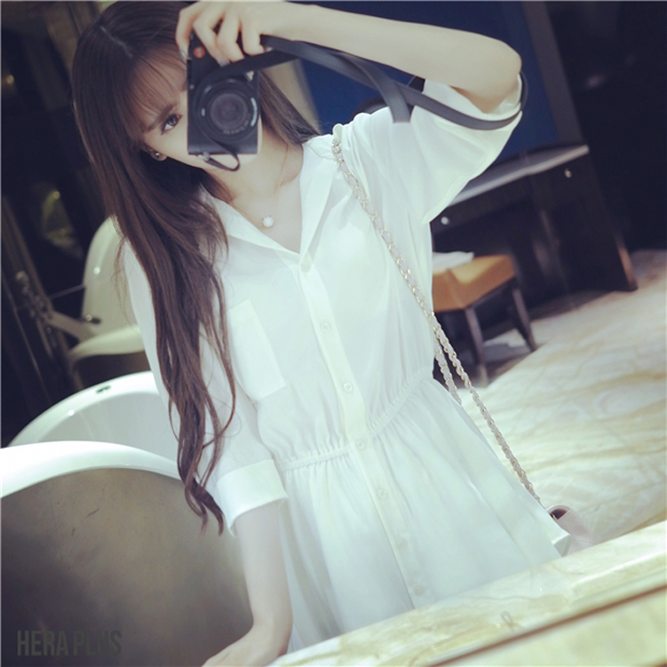 Mùa xuân phong cách mới áo sơ mi rộng kích thước lớn của phụ nữ dài bảy điểm tay áo sơ mi tay áo màu rắn váy váy áo voan kiểu