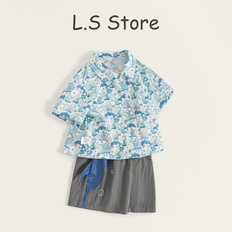 Summer Ocean Style Dolphin All-Over Print Shirt Casual Suit Boys' Cool Shirt Cartoon Shorts Children's Two-Piece Set