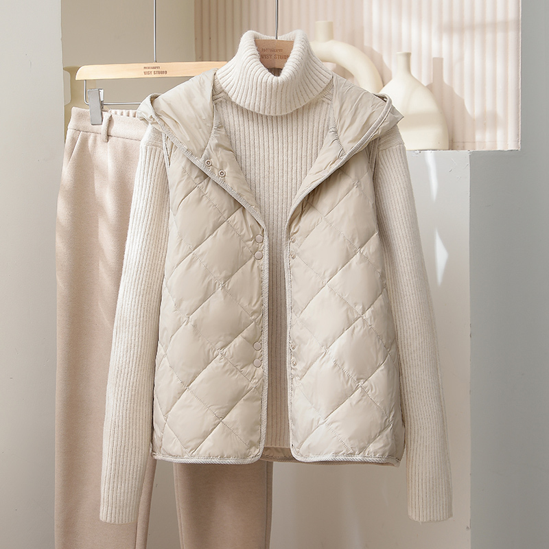 New Style down Vest for Women, Diamond Pattern, Short Style, Hooded, Loose Fit, Inner Layer, Outerwear
