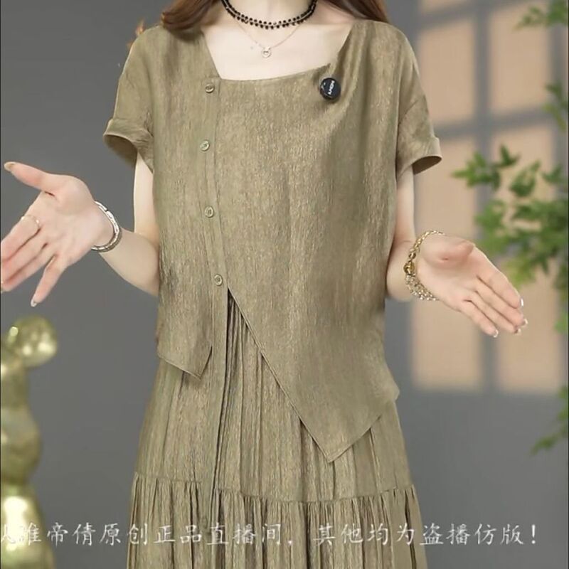 High-End Acetate Satin Faux Two-Piece Elegant Dress 2026 Summer New Style Tummy-Concealing Slimming Dignified Dress