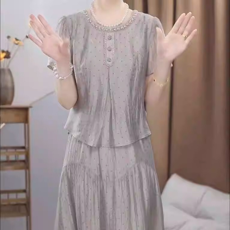 High-End Brocade Faux Two-Piece Dress 2026 Summer New Fashion Stylish Slimming Short-Sleeve Formal Dress