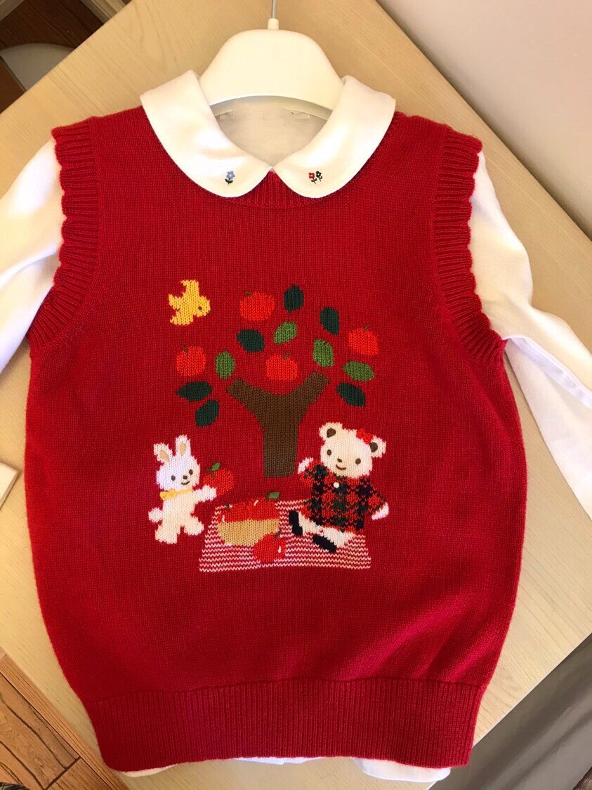 College Wind Vest 50 Wool Hand Heavy Industry Red Apple Tree Rabbit Bear Japan 22 Years Autumn and Winter New Girls and Children
