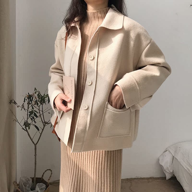 Đảo mật mùa thu và mùa đông Hàn Quốc phiên bản lỏng lẻo của ve áo mỏng phần ngắn áo khoác len dày áo len nữ áo sơ mi giản dị áo cardigan nữ