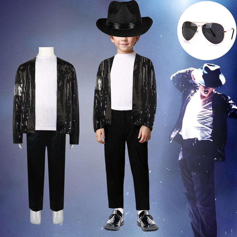 Michael Jackson Performance Costume for Kids, Billy Jean Breakdance Jacket, Hat, Sunglasses, Mj Same Style Outfit Set