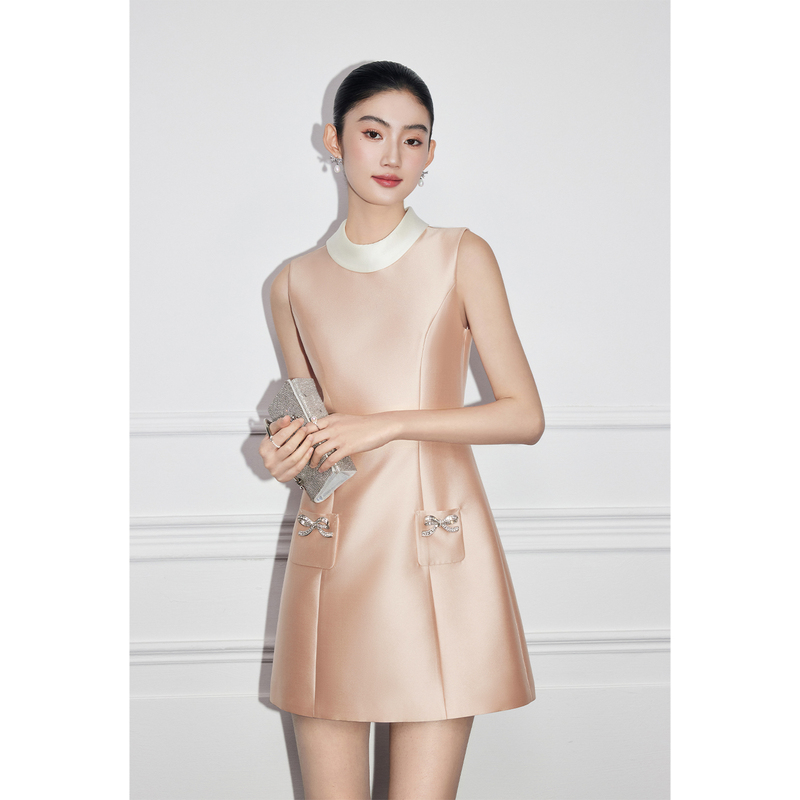 Mandyzhang Qianjinfeng 6A Grade Mulberry Silk Pink Sleeveless Vest Dress for Women with Bow and Rhinestone Embellishments Short Skirt Mandyzhang Qianjinfeng 6A Grade Mulberry Silk Pink Sleeveless Vest Dress for Women with Bow and Rhinestone Embellishments Short Skirt