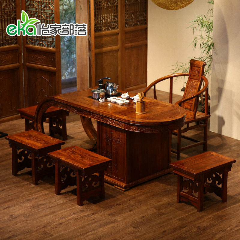 Pleasant Family Tribe Solid Wood Tea Table And Chairs Elm Utiliti Tea Table Tea Art Table Chinese Minqing Classical Tea Table And Chairs Suit