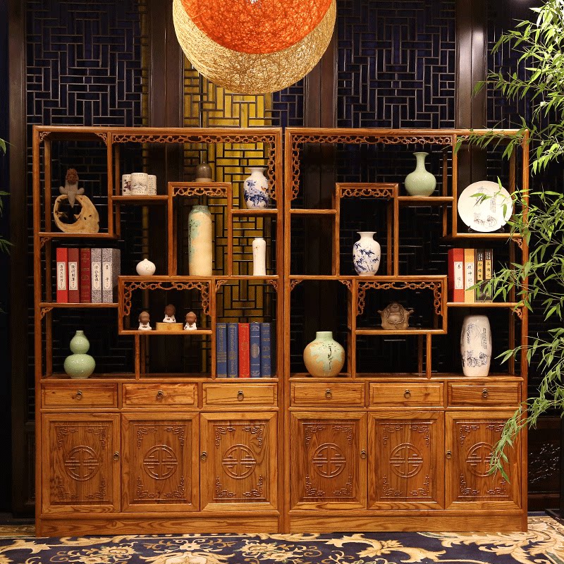 Solid wood bookcase bookshelf combination South elm Bogu shelf modern Chinese furniture log Duobaoge antique shelf