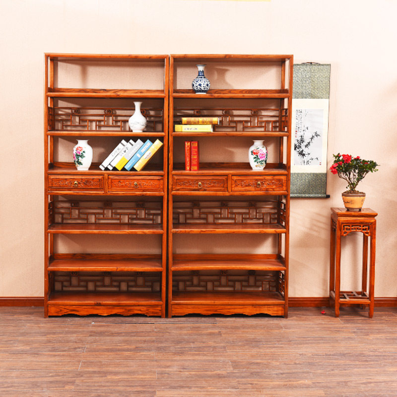 Elm bookcase Ming and Qing antique furniture solid wood bookshelves Chinese Classical 7-layer bookcase for the Yi family tribe