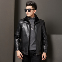 Anti-season mink leather clothing sheep leather mens short vertical lapel neck mink fur inner leather fur one fur thick