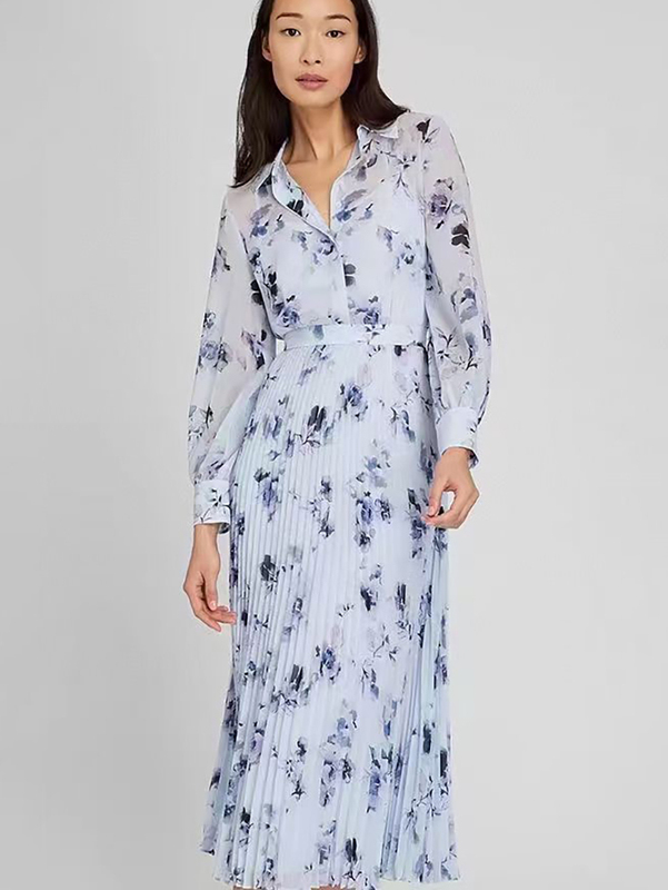 Vietnam-Made Yuan Dan cm Monaco Elegant Elegant 2024 Blue Printed Dreamy French Long-Sleeved Dress