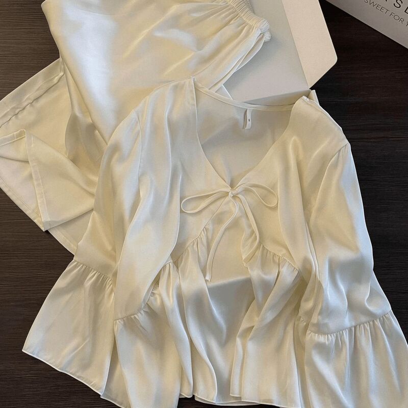 French-Style Light Luxury Ice Silk Pajamas for Women, Spring and Summer, Bell Sleeves, Tie-Up, Split-Type, Ultra-Soft Loungewear Set French-Style Light Luxury Ice Silk Pajamas for Women, Spring and Summer, Bell Sleeves, Tie-Up, Split-Type, Ultra-Soft Loungewear Set