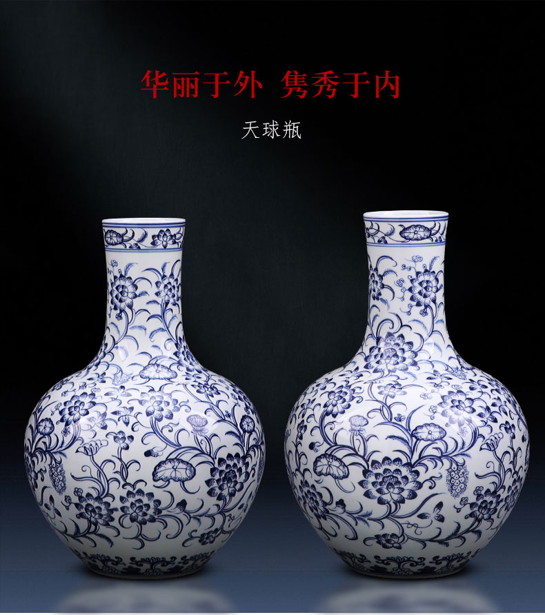 Jingdezhen ceramic vase furnishing articles antique hand - made large flower arranging Chinese style living room TV ark, of blue and white porcelain decoration