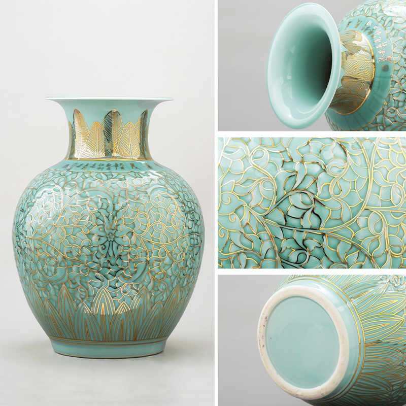 Jingdezhen ceramics vase manual reliefs green glaze decoration paint the living room of Chinese style household office furnishing articles